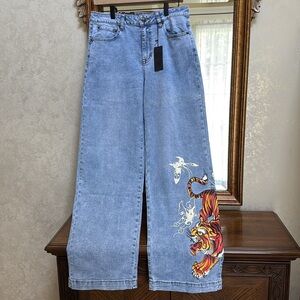 New Ed Hardy Wide-Leg Jeans with Tiger Print. Size 30.